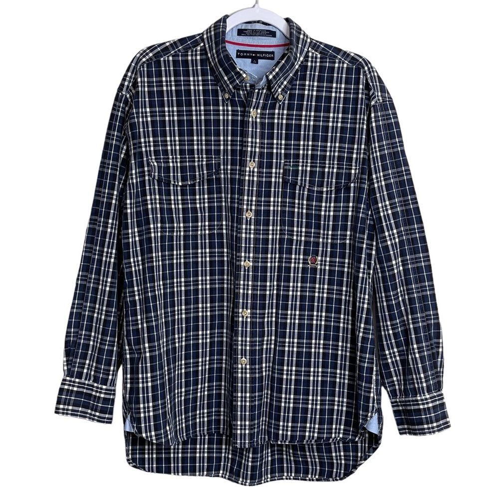 Vintage Tommy Hilfiger Crest Logo Plaid Shirt Y2K 100% Cotton Preppy Blue Men L